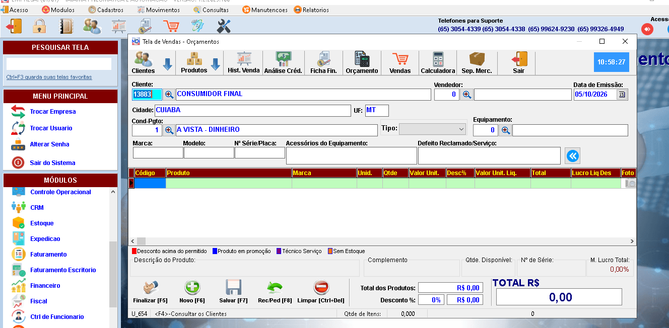 Tela de vendas do ERP MCN